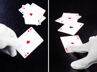  Set of hand of the dealer in white gloves in a casino handing out cards