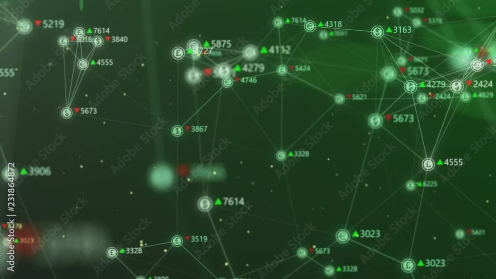 Poster motion graphics background with world currency signs connected with lines flying through green digit