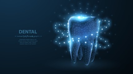 Tooth. Abstract low poly shine bright tooth illustration. Blue background and stars. - obrazy, fototapety, plakaty