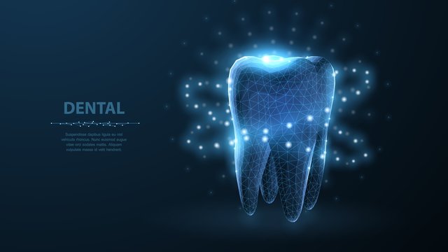 Tooth. Abstract low poly shine bright tooth illustration. Blue background and stars.