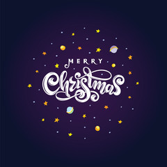 Obraz na płótnie Canvas Vector text Merry Christmas isolated in night cosmic round ball shape. Handwritten festive lettering gift greeting card