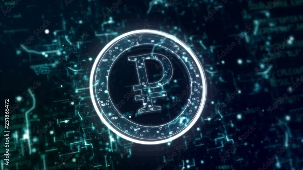 Poster motion graphic background with neon sign of russian ruble with matrix style numbers turning on dark 