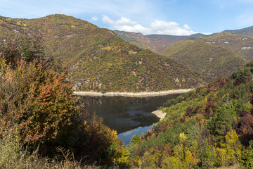 Obraz na płótnie Canvas Panoramic Autumn ladscape of The Vacha (Antonivanovtsi) Reservoir, Rhodope Mountains, Plovdiv Region, Bulgaria