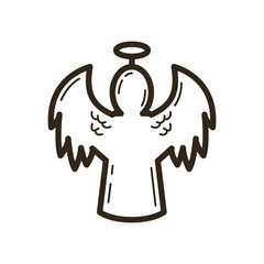 black and white simple vector line art Christmas icon of an angel figure with a halo