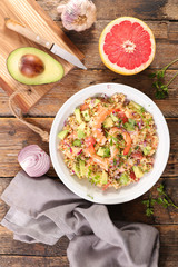 quinoa, shrimp, avocado and grapefruit