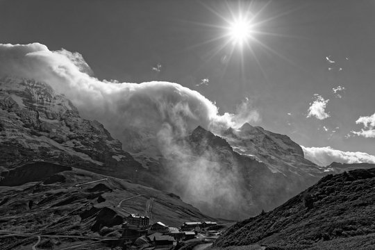 Stormy weather over Jungfrau massif from Grindelwaldblick restaurant - Kleine Scheidegg, Jungfrau Region, Switzerland