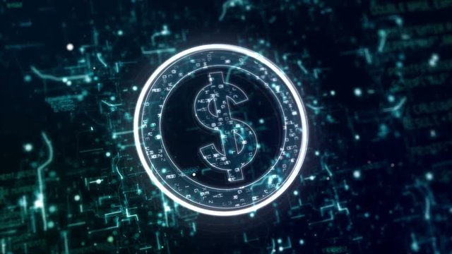 Digitally animated financial background with holographic sign of dollar with matrix style numbers turning on dark circuit background in virtual space
