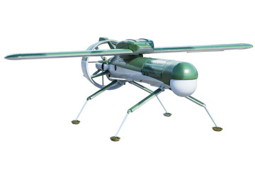 Unmanned military aircraft drone on four legs isolated on white background.