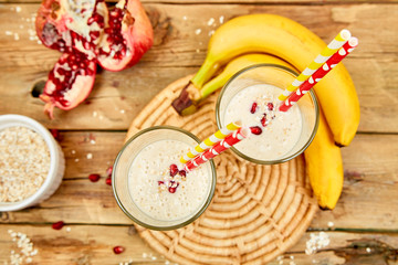 Smoothie with oat banana and pomegranate. Diet