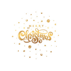 Vector golden text Merry Christmas isolated in cosmic round ball shape. Handwritten festive lettering gift greeting card