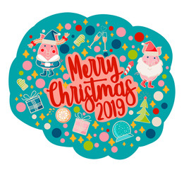 Fototapeta na wymiar Collection of Merry Christmas And Happy New Year elements. Greeting stylish illustration with winter toys, decoration, deer, people, pig, tree, lettering.