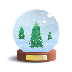 Vector Snow Globe with Metal Badge Isolated on White Background. Vector Illustration of Glass Sphere with Shadow. Realistic Ball with Snow and Fir Trees Inside. New Year and Christmas Gift.