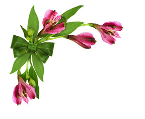 Corner arrangement with alstroemeria flowers and green bow from leaves