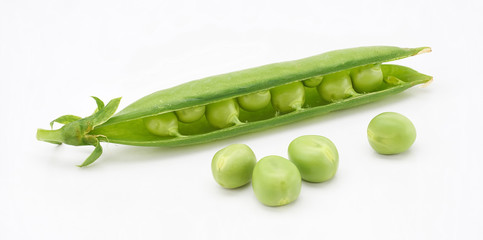 Fresh green pea pod on white background