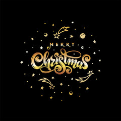 Obraz na płótnie Canvas Vector gold text Merry Christmas isolated. Black cosmic round ball shape. Handwritten festive lettering gift postcard