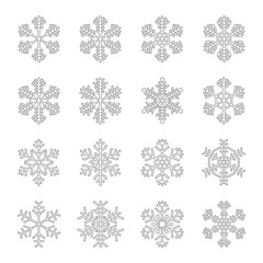Set of snowflake line icons. Beautiful snowflakes of different artistic shapes. Vector Illustration