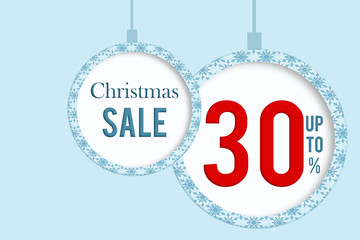 Christmas sale 30 % in white blue christmas ball with snowflakes pattern. 