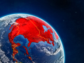 North America from space on realistic model of planet Earth with country borders and detailed planet surface and clouds.