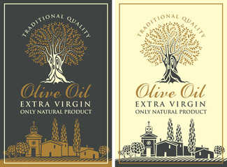 Set of vector banners or labels for extra virgin olive oil with olive tree, calligraphic inscription and with Italian countryside landscape in retro style.