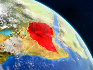 Ethiopia from space on realistic model of planet Earth with country borders and detailed planet surface and clouds.