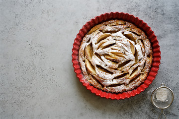 Fototapeta na wymiar Homemade apple pie in red baking dish. Gray concrete background