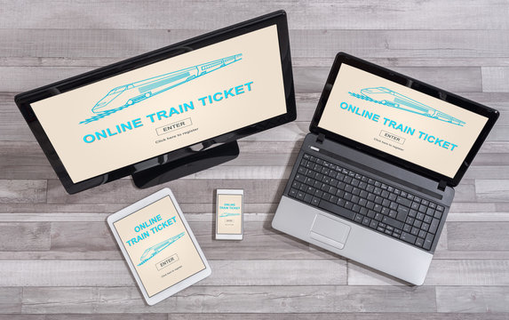 Online train ticket concept on different devices