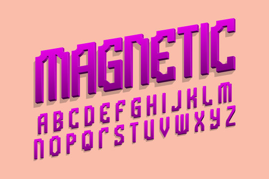 Magnetic alphabet. Purple gradient 3d letters font. Isolated english alphabet.