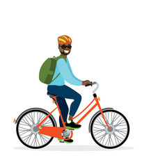 Fototapeta premium Happy african american male bicyclist with backpack,