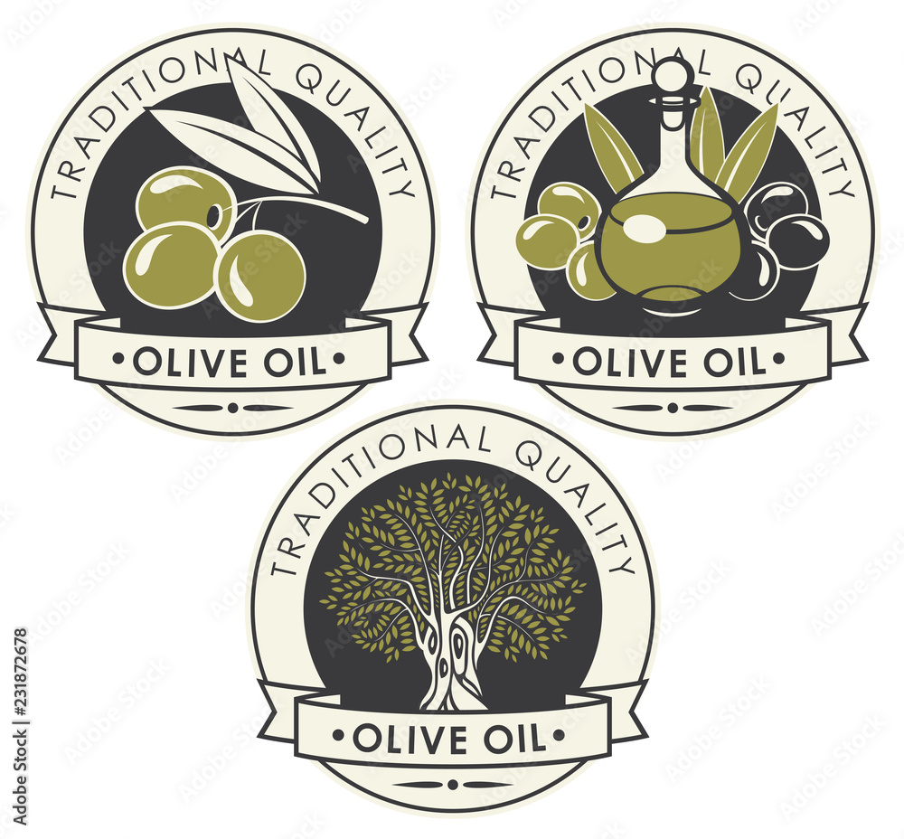 Poster vector set of three stickers or labels for olive oil of round shape with ribbons in retro style