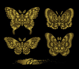 Fototapeta na wymiar Stylised golden butterflies on black background. Decorative moth vector illustration. Design for tattoo or t shirt graphic.