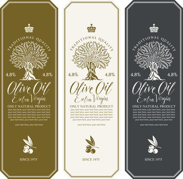 Vector set of three labels for extra virgin olive oil with olive tree, olive sprig, calligraphic handwritten inscription and place for text in figured frame in retro style.
