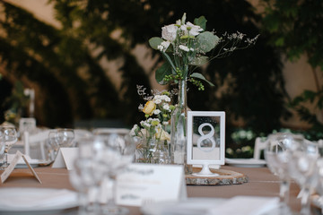 Closeup shot of wedding banquet table decoration