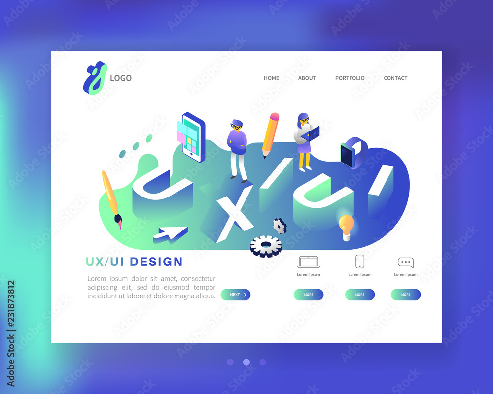 Poster ux and ui design landing page template. mobile app and website development. isometric web page layou
