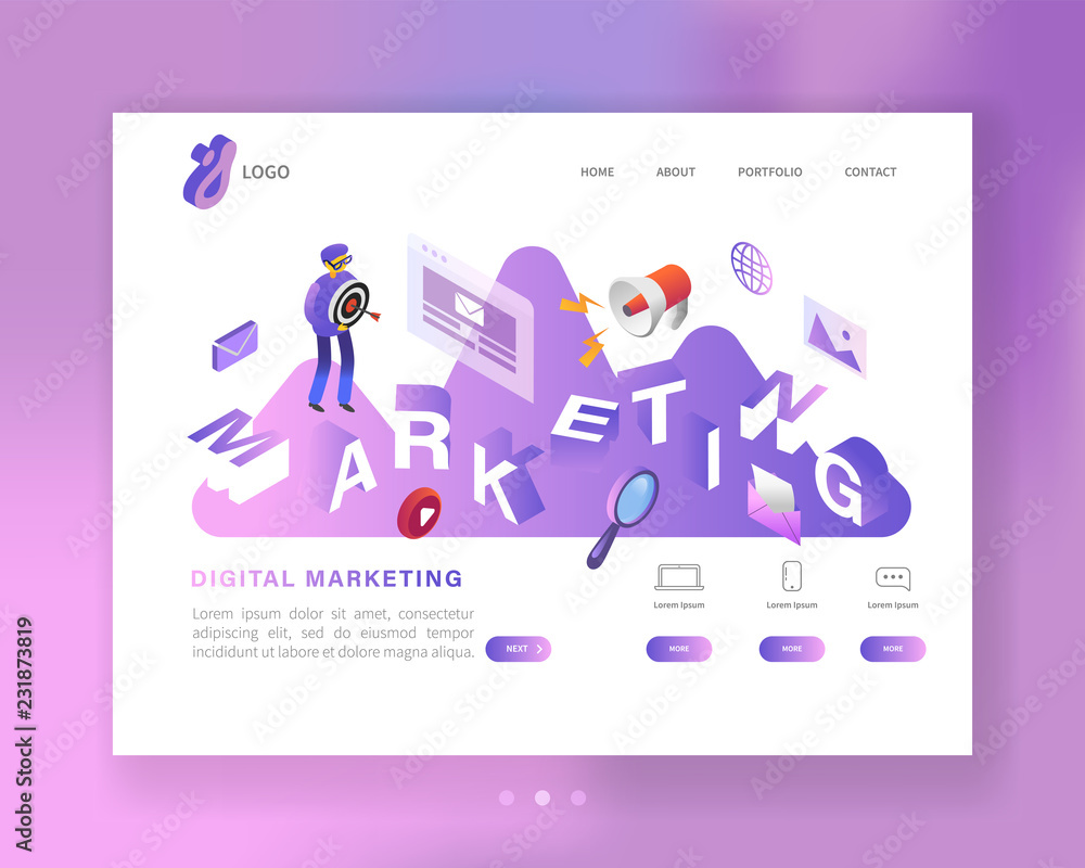 Poster social media marketing isometric landing page template. web page design with character creating digi