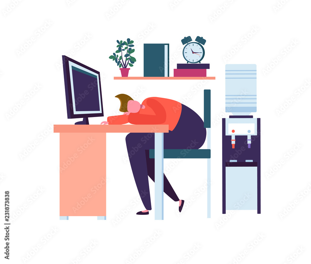 Poster tired business character sleeping in the office. exhausted worker falling asleep at work. lazy man s