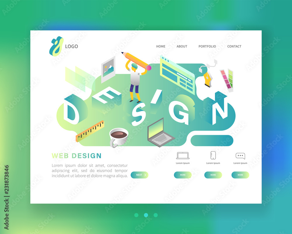 Poster website development web design landing page template. isometric concept mobile app with character. e