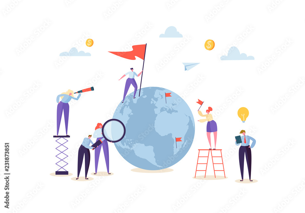 Poster global business concept with characters working together with globe. people communicating in work pr