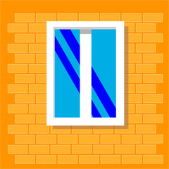 window frame view isolated on brick house wall. Detailed plastic window. Architecture design outdoor or exterior view, building and home theme.