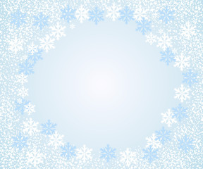Abstract falling snowflakes, light blue background. Vector illustration with space for text.