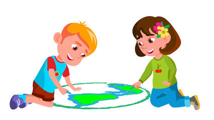 Child Boy, Girl Drawing Earth On Asphalt Vector. Illustration
