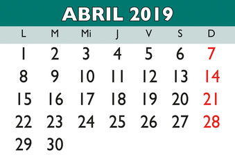 April 2019 wall calendar spanish