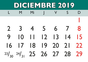 December 2019 wall calendar spanish