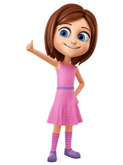 Character girl in pink dress shows thumb up on a white background. 3d rendering. Illustration for advertising.