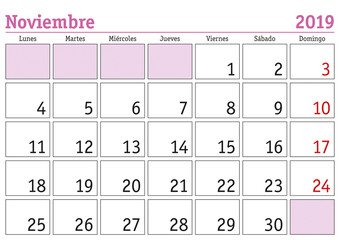 Noviembre 2019 wall calendar spanish