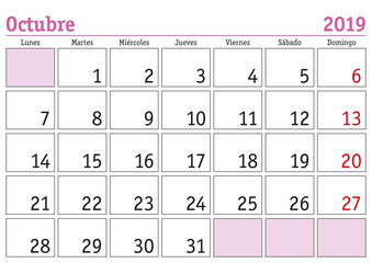 Octubre 2019 wall calendar spanish