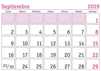Septiembre 2019 wall calendar spanish