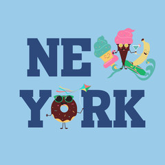 New York Brooklyn Sport wear typography emblem, t-shirt  print, athletic apparel design vector illustration team Summer sweets. Color ice cream and fruit