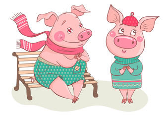 Couple of cute cartoon pigs fallen in love