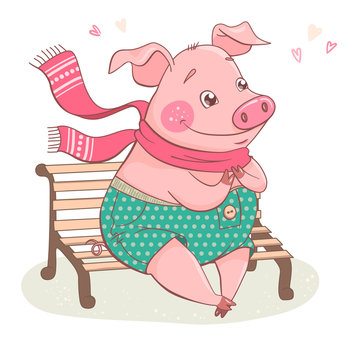 Cute cartoon pig sitting on a bench is fallen in love.