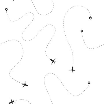 Travel concept texture. Airplane with dotted routes seamless background